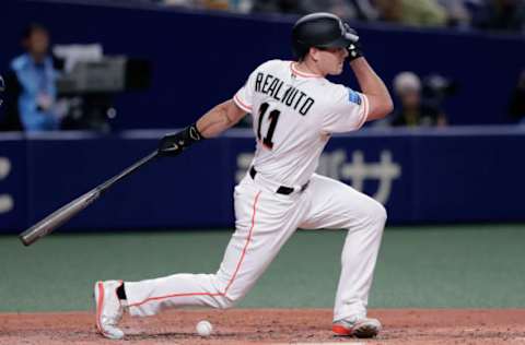 NAGOYA, JAPAN – NOVEMBER 15: Designated hitter J.T. Realmuto #11 of the Miami Marlins strikes out in the bottom of the 7th inning during the game six between Japan and MLB All-Stars at Nagoya Dome on November 15, 2018, in Nagoya, Aichi, Japan. (Photo by Kiyoshi Ota/Getty Images)