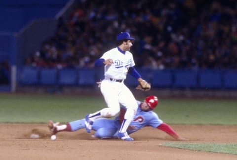 LOS ANGELES, CA – CIRCA 1981: Davey Lopes #15 of the Los Angeles Dodgers in action against the Philadelphia Phillies during an Major League Baseball game circa 1981 at Dodger Stadium in Los Angeles, California. Lopes played for the Dodgers from 1972-81. (Photo by Focus on Sport/Getty Images)