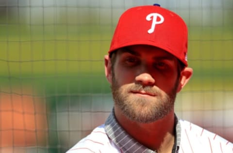 CLEARWATER, FLORIDA – MARCH 02: Bryce Harper is introduced to the Philadelphia Phillies during a press conference at Spectrum Stadium on March 02, 2019 in Clearwater, Florida. (Photo by Mike Ehrmann/Getty Images)