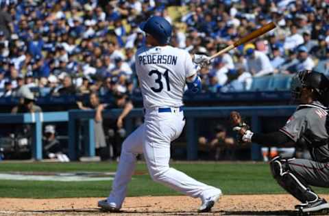 LOS ANGELES, CA – MARCH 28: Joc Pederson #31 of the Los Angeles Dodgers hits a two-run home run against Arizona Diamondbacks during the sixth inning at Dodger Stadium on March 28, 2019 in Los Angeles, California. (Photo by Kevork Djansezian/Getty Images)