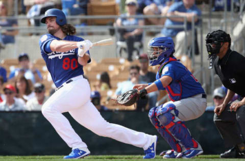 GLENDALE, ARIZONA – FEBRUARY 25: DJ Peters #80 of the Los Angeles Dodgers bats against the Chicago Cubs during the MLB spring training game at Camelback Ranch on February 25, 2019 in Glendale, Arizona. (Photo by Christian Petersen/Getty Images)