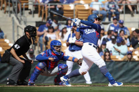 GLENDALE, ARIZONA – FEBRUARY 25: Matt Beaty #72 of the Los Angeles Dodgers bats against the Chicago Cubs during the MLB spring training game at Camelback Ranch on February 25, 2019, in Glendale, Arizona. (Photo by Christian Petersen/Getty Images)