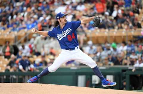 GLENDALE, ARIZONA – MARCH 11: Tony Gonsolin #84 of the Los Angeles Dodgers delivers a first-inning pitch during a spring training game against the San Francisco Giants at Camelback Ranch on March 11, 2019, in Glendale, Arizona. (Photo by Norm Hall/Getty Images)