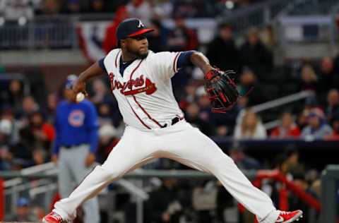 ATLANTA, GEORGIA – APRIL 01: Arodys Vizcaino #38 of the Atlanta Braves pitches in the ninth inning against the Chicago Cubs on April 01, 2019 in Atlanta, Georgia. (Photo by Kevin C. Cox/Getty Images)