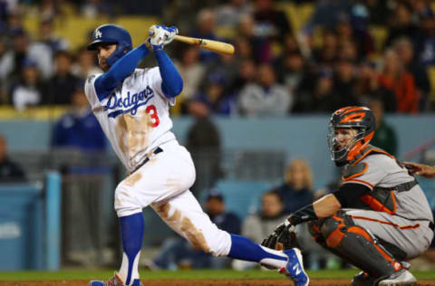 LOS ANGELES, CALIFORNIA – APRIL 02: Chris Taylor #3 of the Los Angeles Dodgers at bat against the San Francisco Giants during the sixth inning at Dodger Stadium on April 02, 2019 in Los Angeles, California. (Photo by Yong Teck Lim/Getty Images)