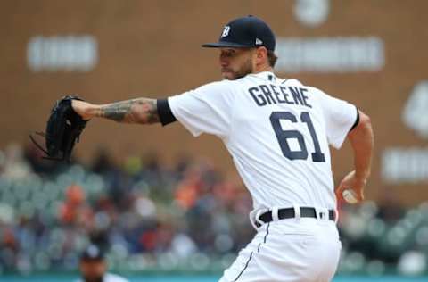 DETROIT, MICHIGAN – APRIL 04: Shane Greene #61 of the Detroit Tigers throws a ninth inning pitch while playing the Kansas City Royals during Opening Day at Comerica Park on April 04, 2019 in Detroit, Michigan. Detroit won the game 5-4. (Photo by Gregory Shamus/Getty Images)