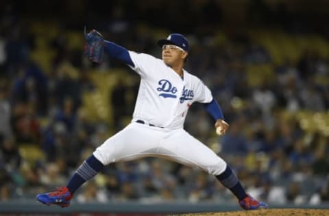 LOS ANGELES, CA – MAY 06: Pitcher Julio Urias #7 of the Los Angeles Dodgers throws against the Atlanta Braves during the ninth inning at Dodger Stadium on May 6, 2019 in Los Angeles, California. (Photo by Kevork Djansezian/Getty Images)