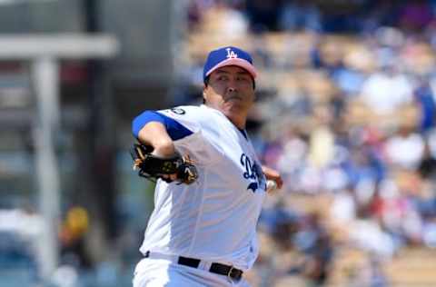 LOS ANGELES, CA – MAY 12: Hyun-Jin Ryu #99 of the Los Angeles Dodgers throws against Gerardo Parra #88 of the Washington Nationals during the second inning at Dodger Stadium on May 12, 2019 in Los Angeles, California. (Photo by Kevork Djansezian/Getty Images)