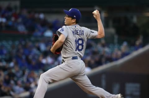 CHICAGO, ILLINOIS – APRIL 23: Starting pitcher Kenta Maeda #18 of the Los Angeles Dodgers delivers the ball against the Chicago Cubs at Wrigley Field on April 23, 2019 in Chicago, Illinois. (Photo by Jonathan Daniel/Getty Images)