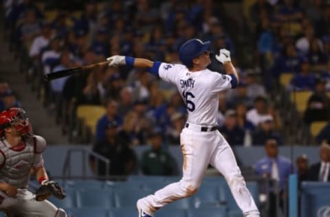 LOS ANGELES, CALIFORNIA – JUNE 01: Will Smith #16 of the Los Angeles Dodgers hits a walk-off homerun in the ninth inning of the MLB game against the Philadelphia Phillies at Dodger Stadium on June 01, 2019 in Los Angeles, California. The Dodgers defeated the Phillies 4-3. (Photo by Victor Decolongon/Getty Images)