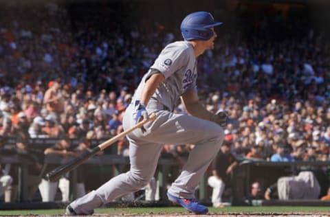 SAN FRANCISCO, CA – JUNE 08: Corey Seager #5 of the Los Angeles Dodgers hits an RBI single scoring Joc Pederson #31 against the San Francisco Giants in the top of the third inning of a Major League Baseball game at Oracle Park on June 8, 2019 in San Francisco, California. (Photo by Thearon W. Henderson/Getty Images)