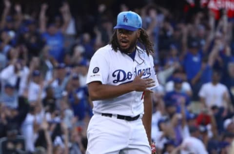 LOS ANGELES, CALIFORNIA – JUNE 16: Closing pitcher Kenley Jansen #74 of the Los Angeles Dodgers reacts after the last out to end the game against the Chicago Cubs at Dodger Stadium on June 16, 2019 in Los Angeles, California. The Dodgers defeated the Cubs 3-2. (Photo by Victor Decolongon/Getty Images)