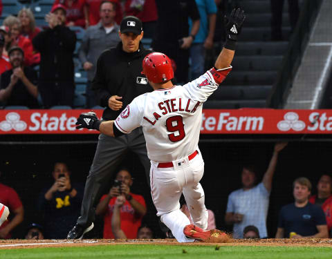 ANAHEIM, CA – JUNE 25: Tommy La Stella #9 of the Los Angeles Angels scored an inside the park home run against the Cincinnati Reds the first inning at Angel Stadium of Anaheim on June 25, 2019 in Anaheim, California. (Photo by Jayne Kamin-Oncea/Getty Images)