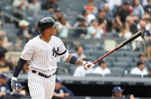 NEW YORK, NEW YORK – MAY 29: Gleyber Torres #25 of the New York Yankees hits a two run home run in the seventh inning against the San Diego Padres during their game at Yankee Stadium on May 29, 2019 in New York City. (Photo by Al Bello/Getty Images)