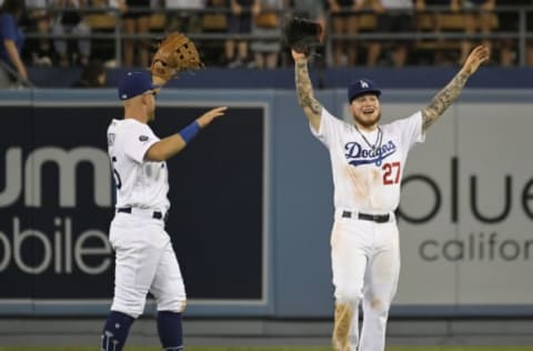 LOS ANGELES, CA – AUGUST 03: Matt Beaty #45 of the Los Angeles Dodgers walks toward Alex Verdugo #27 after the final out against the San Diego Padres at Dodger Stadium on August 3, 2019 in Los Angeles, California. Dodgers won 4-1. (Photo by John McCoy/Getty Images)