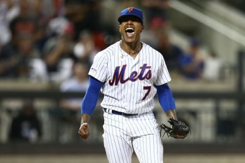 NEW YORK, NEW YORK – AUGUST 09: Marcus Stroman #7 of the New York Mets reacts after striking out Stephen Strasburg #37 of the Washington Nationals to end the top of the sixth inning at Citi Field on August 09, 2019 in New York City. (Photo by Mike Stobe/Getty Images)