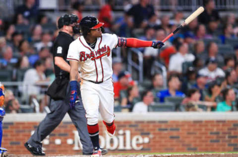 ATLANTA, GA – AUGUST 13: Ronald Acuna Jr. #13 of the Atlanta Braves hits a home run in fourth inning during the game against the New York Mets at SunTrust Park on August 13, 2019 in Atlanta, Georgia. (Photo by Carmen Mandato/Getty Images)