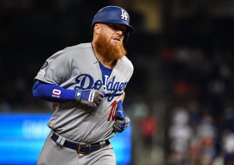 MIAMI, FL – AUGUST 13: Justin Turner #10 of the Los Angeles Dodgers runs the bases after hitting a two run homerun in the seventh inning against the Miami Marlins at Marlins Park on August 13, 2019 in Miami, Florida. (Photo by Mark Brown/Getty Images)