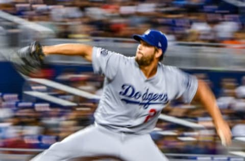 MIAMI, FL – AUGUST 14: Clayton Kershaw #22 of the Los Angeles Dodgers delivers a pitch in the third inning against the Miami Marlins at Marlins Park on August 14, 2019 in Miami, Florida. (Photo by Mark Brown/Getty Images)