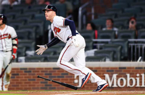 ATLANTA, GA – AUGUST 15: Freddie Freeman #5 of the Atlanta Braves hits a home run in the ninth inning during the game against the New York Mets at SunTrust Park on August 15, 2019 in Atlanta, Georgia. (Photo by Carmen Mandato/Getty Images)