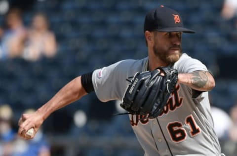 KANSAS CITY, MISSOURI – JULY 14: Relief pitcher Shane Greene #61 of the Detroit Tigers throws in the ninth inning against the Kansas City Royals at Kauffman Stadium on July 14, 2019 in Kansas City, Missouri. (Photo by Ed Zurga/Getty Images)