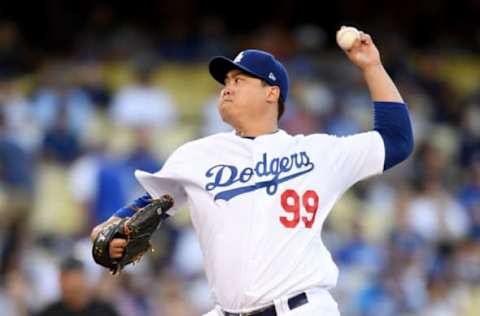 LOS ANGELES, CALIFORNIA – JULY 19: Hyun-Jin Ryu #99 of the Los Angeles Dodgers pitches against the Miami Marlins during the second inning at Dodger Stadium on July 19, 2019 in Los Angeles, California. (Photo by Harry How/Getty Images)