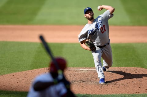 Clayton Kershaw delivers to the plate. (Photo by G Fiume/Getty Images)