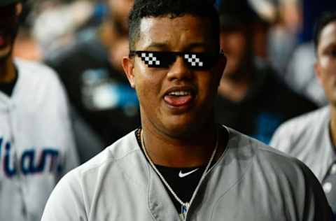 ST. PETERSBURG, FLORIDA – AUGUST 03: Starlin Castro #13 of the Miami Marlins poses after hitting a two-run homer off of Jalen Beeks #68 of the Tampa Bay Rays in the third inning of a game at Tropicana Field on August 03, 2019 in St. Petersburg, Florida. (Photo by Julio Aguilar/Getty Images)