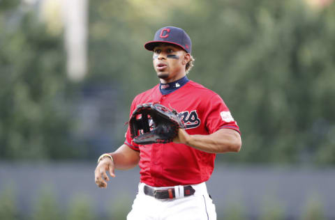 CLEVELAND, OH - AUGUST 02: Francisco Lindor #12 of the Cleveland Indians warms up before the game against the Los Angeles Angels of Anaheim at Progressive Field on August 2, 2019 in Cleveland, Ohio. The Indians defeated the Angels 7-3. (Photo by David Maxwell/Getty Images)