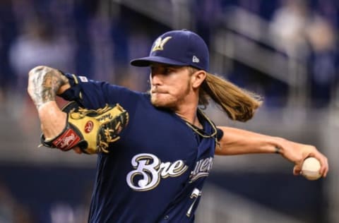 MIAMI, FL – SEPTEMBER 12: Josh Hader #71 of the Milwaukee Brewers delivers a pitches in the ninth inning against the Miami Marlins at Marlins Park on September 12, 2019 in Miami, Florida. (Photo by Mark Brown/Getty Images)