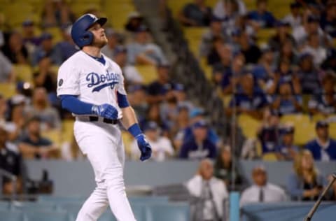 LOS ANGELES, CALIFORNIA – AUGUST 21: Max Muncy #13 of the Los Angeles Dodgers reacts to his walk off solo homerun to beat the Toronto Blue Jays 2-1 during the 10th inning at Dodger Stadium on August 21, 2019 in Los Angeles, California. (Photo by Harry How/Getty Images)