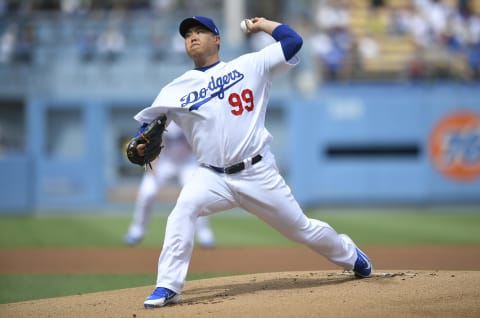 LOS ANGELES, CA – SEPTEMBER 22: Hyun-Jin Ryu #99 of the Los Angeles Dodgers pitches in the first inning against the Colorado Rockies at Dodger Stadium on September 22, 2019 in Los Angeles, California. (Photo by John McCoy/Getty Images)