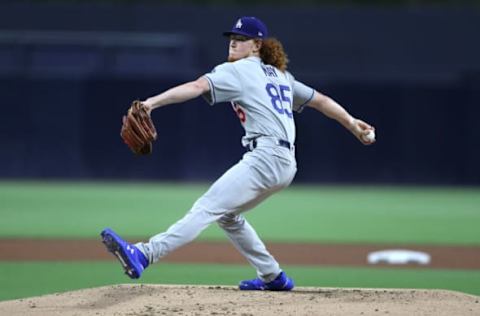 SAN DIEGO, CALIFORNIA – AUGUST 26: Dustin May #85 of the Los Angeles Dodgers pitches during the first inning of a game against the San Diego Padres at PETCO Park on August 26, 2019 in San Diego, California. (Photo by Sean M. Haffey/Getty Images)