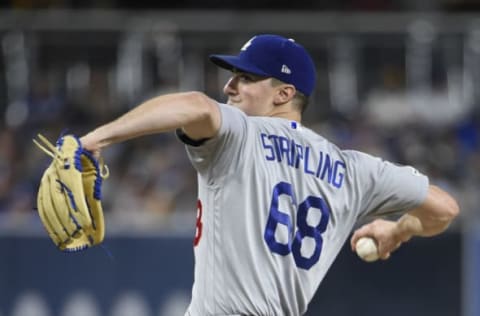 SAN DIEGO, CA – SEPTEMBER 25: Ross Stripling #68 of the Los Angeles Dodgers pitches during the the first inning of a baseball game against the San Diego Padres at Petco Park September 25, 2019 in San Diego, California. (Photo by Denis Poroy/Getty Images)