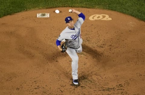 WASHINGTON, DC – OCTOBER 06: Hyun-Jin Ryu #99 of the Los Angeles Dodgers pitches in the first inning against the Washington Nationals in Game 3 of the NLDS at Nationals Park on October 6, 2019 in Washington, DC. (Photo by Patrick McDermott/Getty Images)