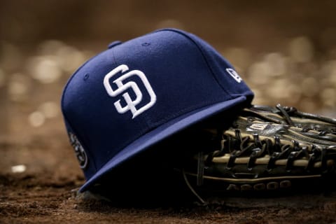 MILWAUKEE, WISCONSIN – SEPTEMBER 17: A detail view of a San Diego Padres hat during the game between the San Diego Padres and Milwaukee Brewers at Miller Park on September 17, 2019 in Milwaukee, Wisconsin. (Photo by Dylan Buell/Getty Images)