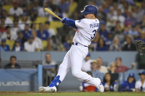 LOS ANGELES, CA – SEPTEMBER 18: Joc Pederson #31 of the Los Angeles Dodgers hits the ball agaisnt the Tampa Bay Rays at Dodger Stadium on September 18, 2019 in Los Angeles, California. The Rays won in the 11th inning 8-7. (Photo by John McCoy/Getty Images)