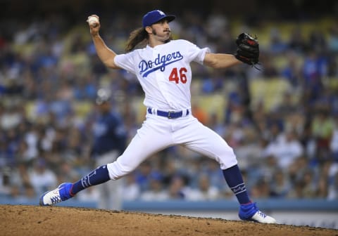 LOS ANGELES, CA – SEPTEMBER 18: Tony Gonsolin #46 of the Los Angeles Dodgers pitches against the Tampa Bay Rays at Dodger Stadium on September 18, 2019 in Los Angeles, California. The Rays won in the 11th inning 8-7. (Photo by John McCoy/Getty Images)