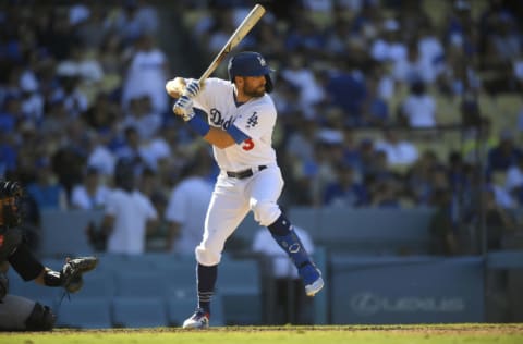 LOS ANGELES, CA - SEPTEMBER 22: Chris Taylor #3 of the Los Angeles Dodgers at bat agianst the Colorado Rockies at Dodger Stadium on September 22, 2019 in Los Angeles, California. The Dodgers won 7-4. (Photo by John McCoy/Getty Images)