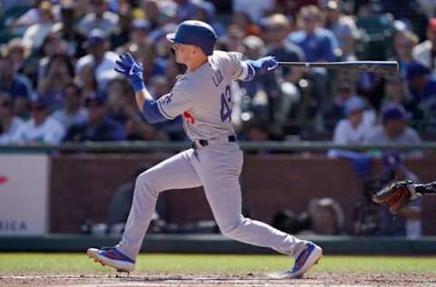 SAN FRANCISCO, CALIFORNIA – SEPTEMBER 28: Gavin Lux #48 of the Los Angeles Dodgers hits a double against the San Francisco Giants in the top of the fifth inning at Oracle Park on September 28, 2019 in San Francisco, California. (Photo by Thearon W. Henderson/Getty Images)