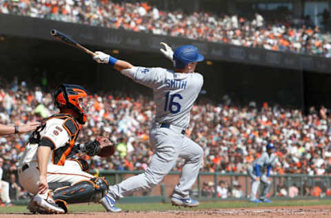 SAN FRANCISCO, CALIFORNIA – SEPTEMBER 29: Will Smith #16 of the Los Angeles Dodgers hits a two-run home run in the top of the first inning against the San Francisco Giants at Oracle Park on September 29, 2019 in San Francisco, California. (Photo by Lachlan Cunningham/Getty Images)