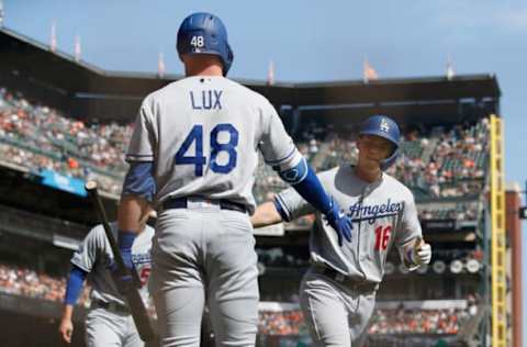 SAN FRANCISCO, CALIFORNIA – SEPTEMBER 29: Will Smith #16 of the Los Angeles Dodgers celebrates with Gavin Lux #48 after hitting a two-run home run in the top of the first inning against the San Francisco Giants at Oracle Park on September 29, 2019 in San Francisco, California. (Photo by Lachlan Cunningham/Getty Images)