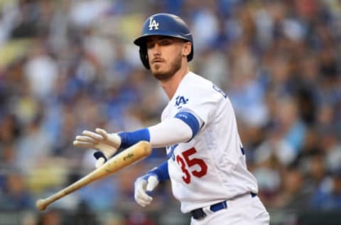 LOS ANGELES, CALIFORNIA – OCTOBER 03: Cody Bellinger #35 of the Los Angeles Dodgers reacts to a walk in the first inning of game one of the National League Division Series against the Washington Nationals at Dodger Stadium on October 03, 2019 in Los Angeles, California. (Photo by Harry How/Getty Images)