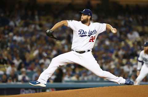 LOS ANGELES, CALIFORNIA - OCTOBER 04: Clayton Kershaw #22 of the Los Angeles Dodgers pitches against the Washington Nationals in the first inning in game two of the National League Division Series at Dodger Stadium on October 04, 2019 in Los Angeles, California. (Photo by Sean M. Haffey/Getty Images)