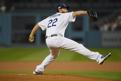 LOS ANGELES, CALIFORNIA – OCTOBER 04: Clayton Kershaw #22 of the Los Angeles Dodgers pitches against the Washington Nationals in the first inning in game two of the National League Division Series at Dodger Stadium on October 04, 2019 in Los Angeles, California. (Photo by Harry How/Getty Images)