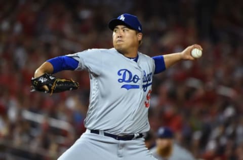 WASHINGTON, DC – OCTOBER 06: Pitcher Hyun-Jin Ryu #99 of the Los Angeles Dodgers delivers in the first inning of Game 3 of the NLDS against the Washington Nationals at Nationals Park on October 06, 2019 in Washington, DC. (Photo by Will Newton/Getty Images)