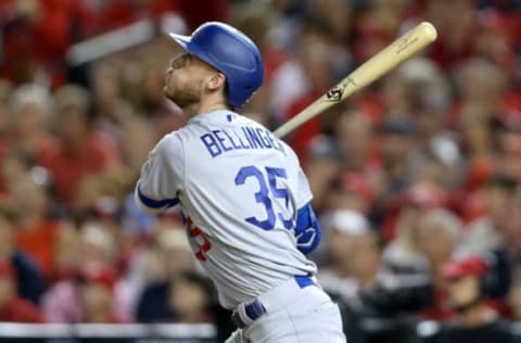 WASHINGTON, DC – OCTOBER 06: Cody Bellinger #35 of the Los Angeles Dodgers flies out for the third out of the third inning of Game 3 of the NLDS against the Washington Nationals at Nationals Park on October 06, 2019 in Washington, DC. (Photo by Rob Carr/Getty Images)