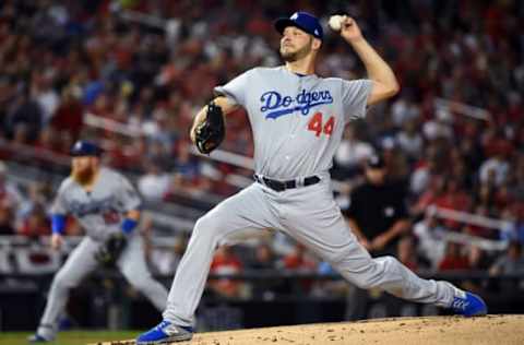 WASHINGTON, DC – OCTOBER 07: Rich Hill #44 of the Los Angeles Dodgers delivers in the first inning against the Washington Nationals in game four of the National League Division Series at Nationals Park on October 07, 2019 in Washington, DC. (Photo by Will Newton/Getty Images)