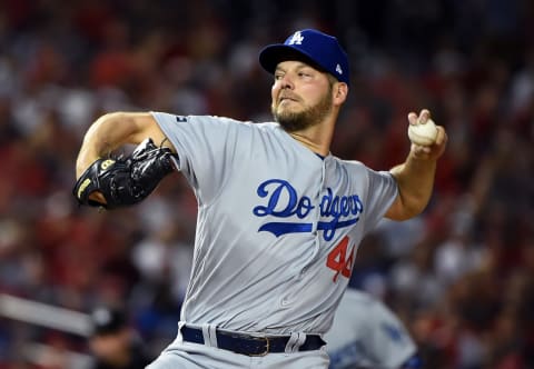 WASHINGTON, DC – OCTOBER 07: Rich Hill #44 of the Los Angeles Dodgers delivers in the first inning against the Washington Nationals in game four of the National League Division Series at Nationals Park on October 07, 2019 in Washington, DC. (Photo by Will Newton/Getty Images)