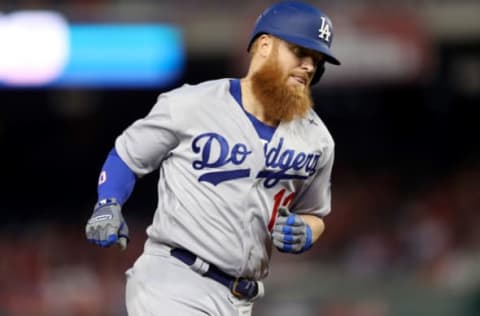 WASHINGTON, DC – OCTOBER 07: Justin Turner #10 of the Los Angeles Dodgers rounds the bases after hitting a solo home run in the first inning of game four of the National League Division Series against the Washington Nationals at Nationals Park on October 07, 2019 in Washington, DC. (Photo by Rob Carr/Getty Images)